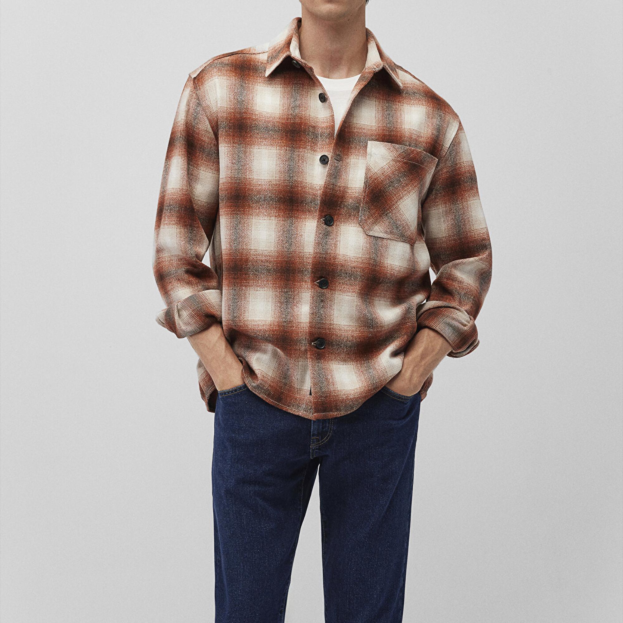 Mavi Kareli Kahverengi Gömlek Loose Fit / Bol Rahat Kesim 0211242-88653