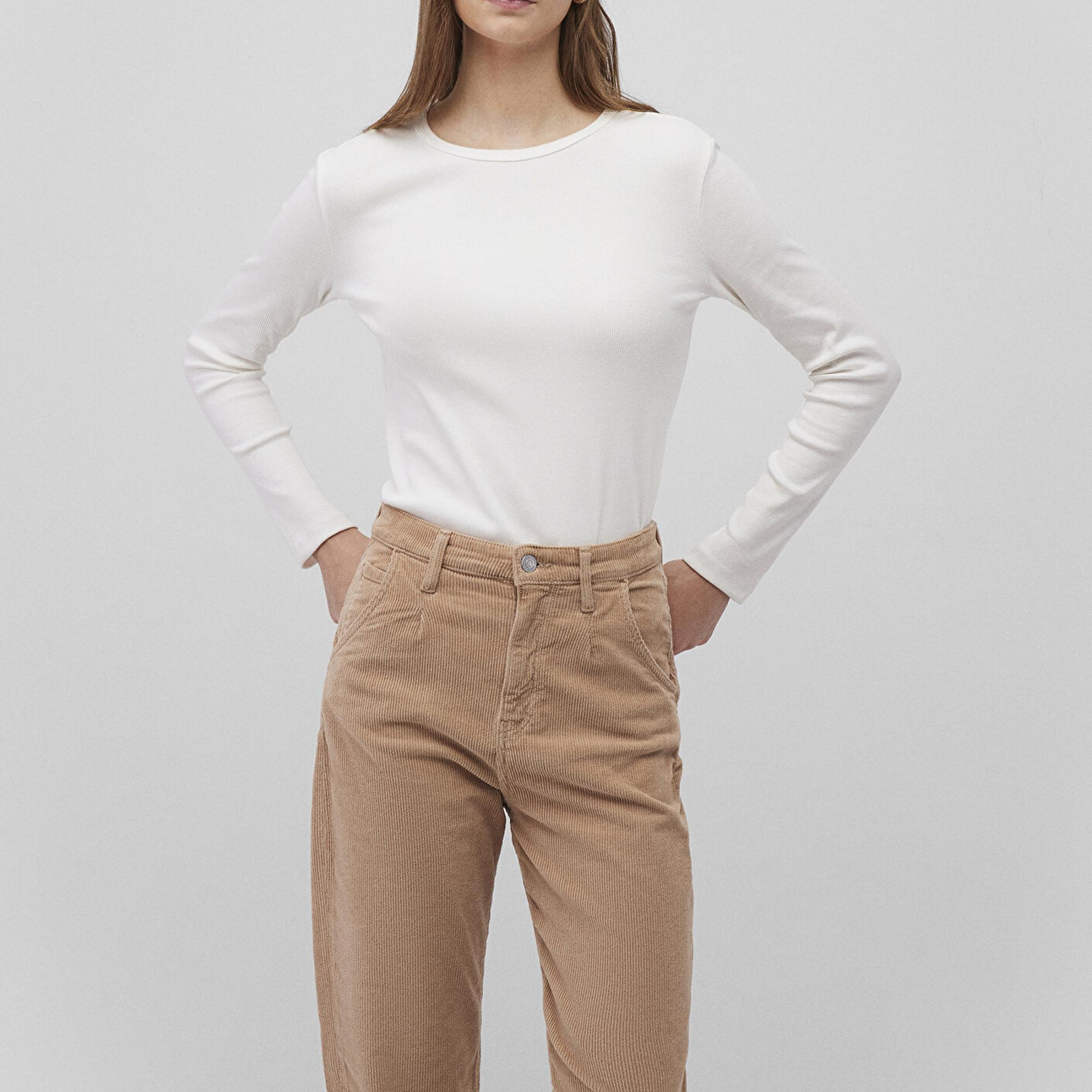 Mavi Uzun Kollu Ekru Basic Tişört Fitted / Vücuda Oturan Kesim 1613040-70057