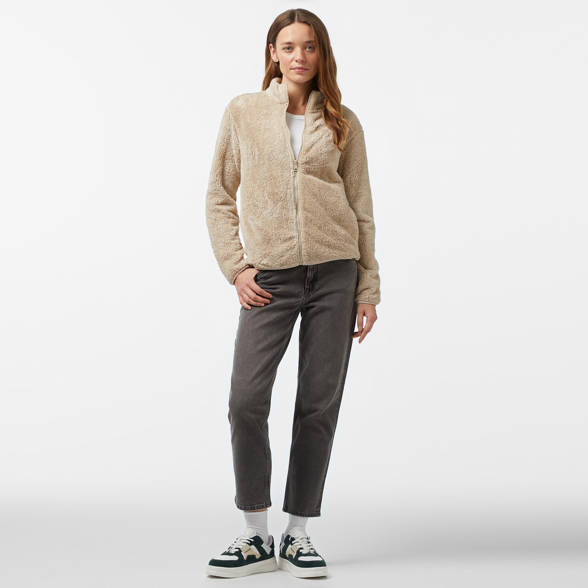 Nautica Kadın Bej Regular Fit Fermuarlı Peluş Sweatshirt