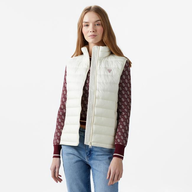  Guess Puffer Vest Iridescent Nylon 40 Kadın Krem Rengi Yelek