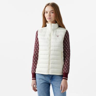  Guess Puffer Vest Iridescent Nylon 40 Kadın Krem Rengi Yelek