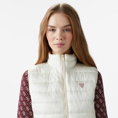  Guess Puffer Vest Iridescent Nylon 40 Kadın Krem Rengi Yelek