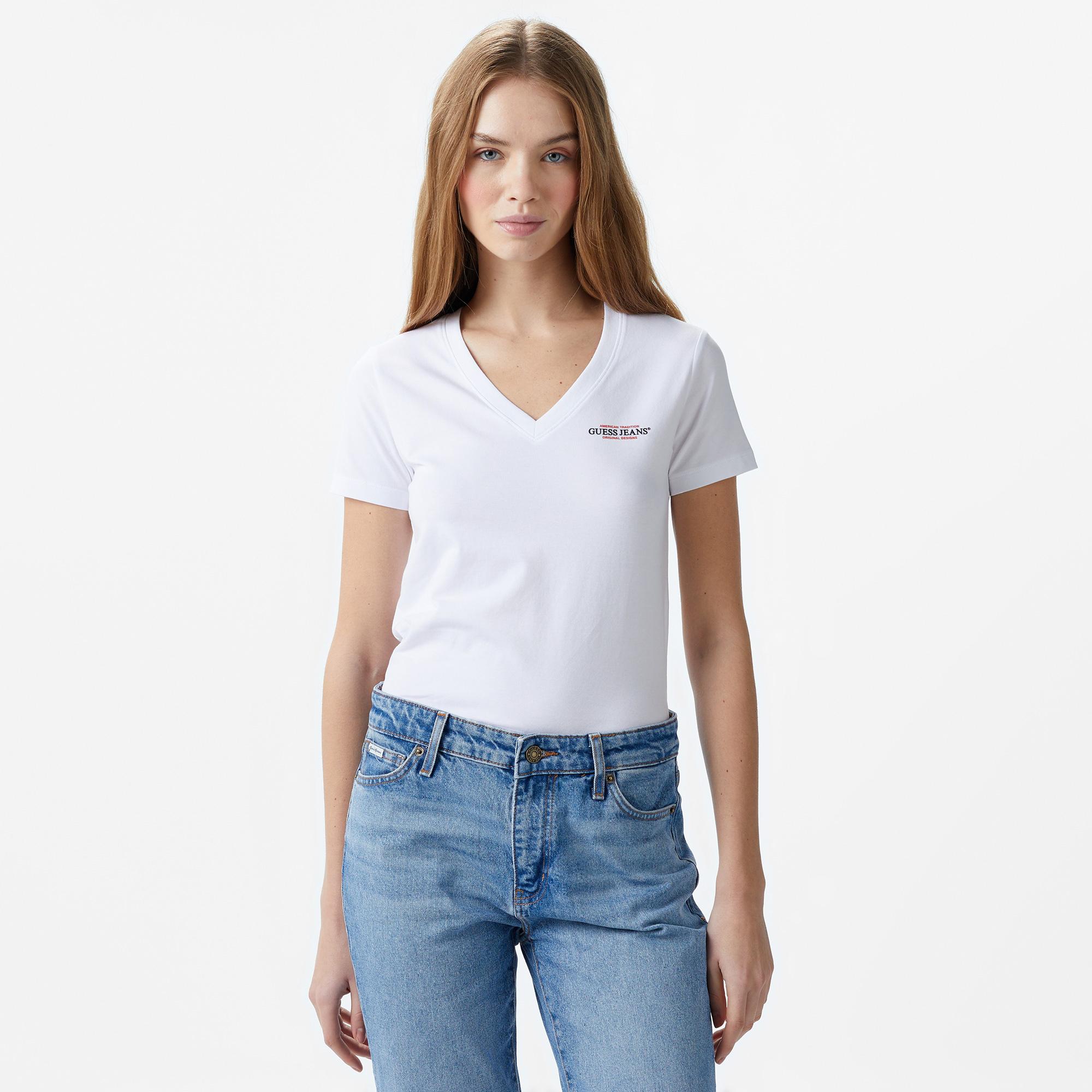 Guess Slim Mini Mid Organic Stretch Jersey 180 Kadın Beyaz T-Shirt