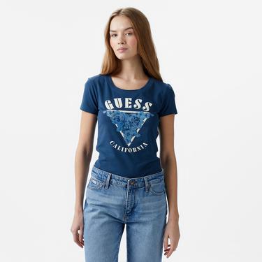  Guess Res Triangle Mid Organic Stretch Jersey 180 Kadın Mavi T-Shirt