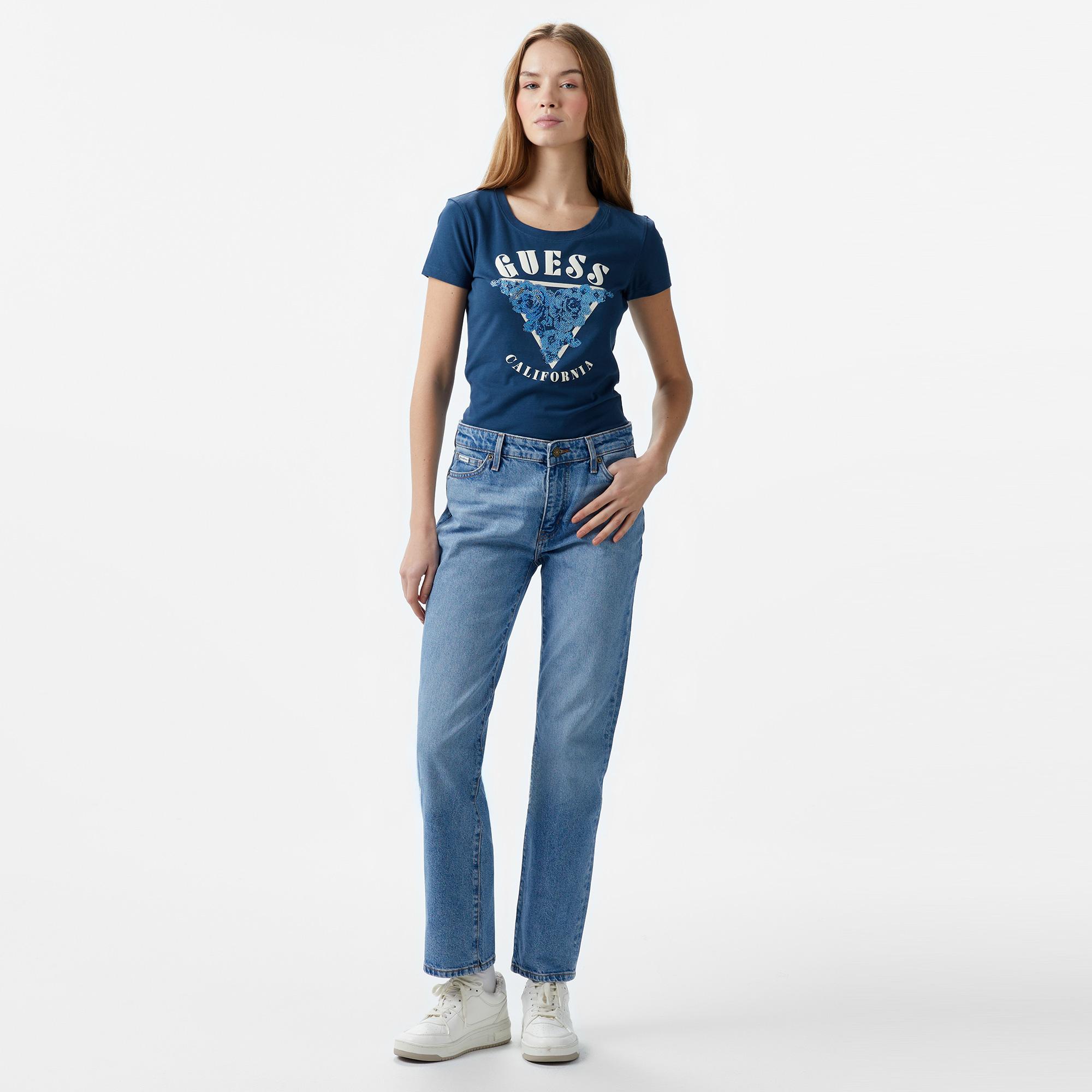 Guess Res Triangle Mid Organic Stretch Jersey 180 Kadın Mavi T-Shirt