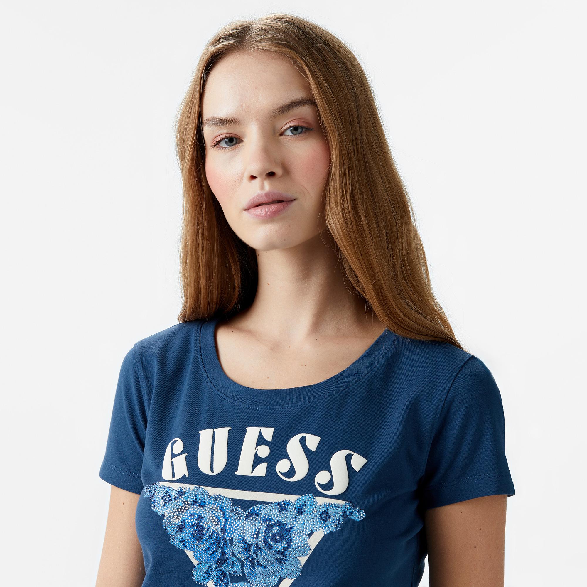 Guess Res Triangle Mid Organic Stretch Jersey 180 Kadın Mavi T-Shirt