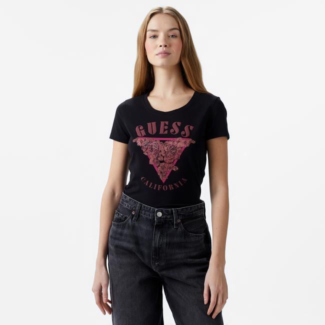  Guess Res Triangle Mid Organic Stretch Jersey 180 Kadın Siyah T-Shirt