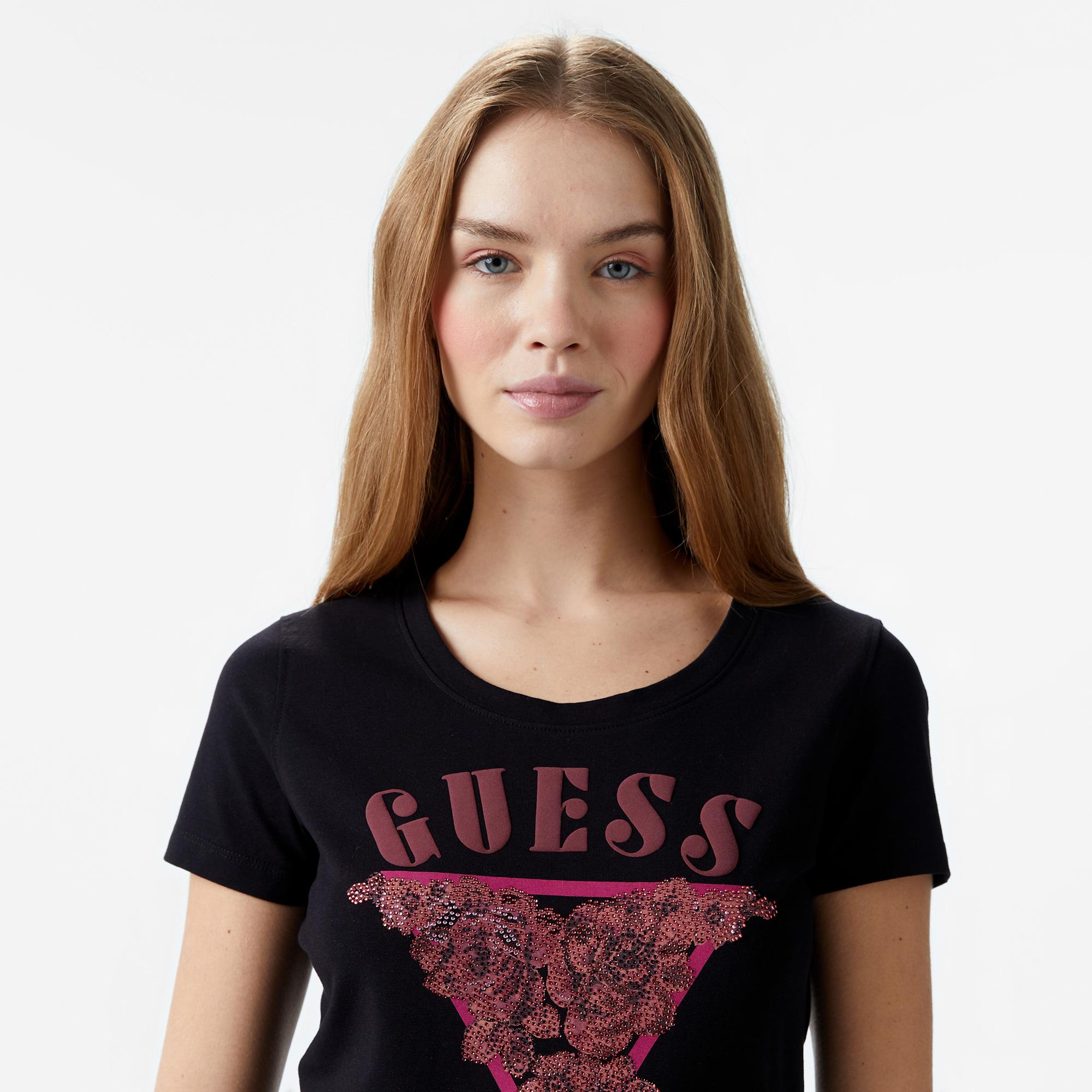 Guess Res Triangle Mid Organic Stretch Jersey 180 Kadın Siyah T-Shirt