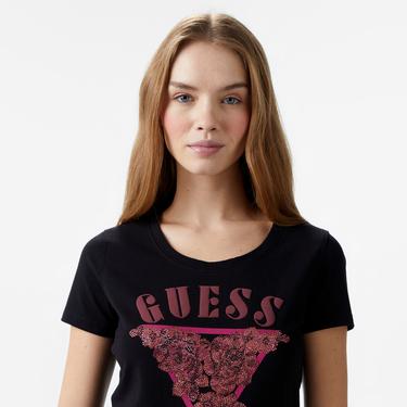  Guess Res Triangle Mid Organic Stretch Jersey 180 Kadın Siyah T-Shirt