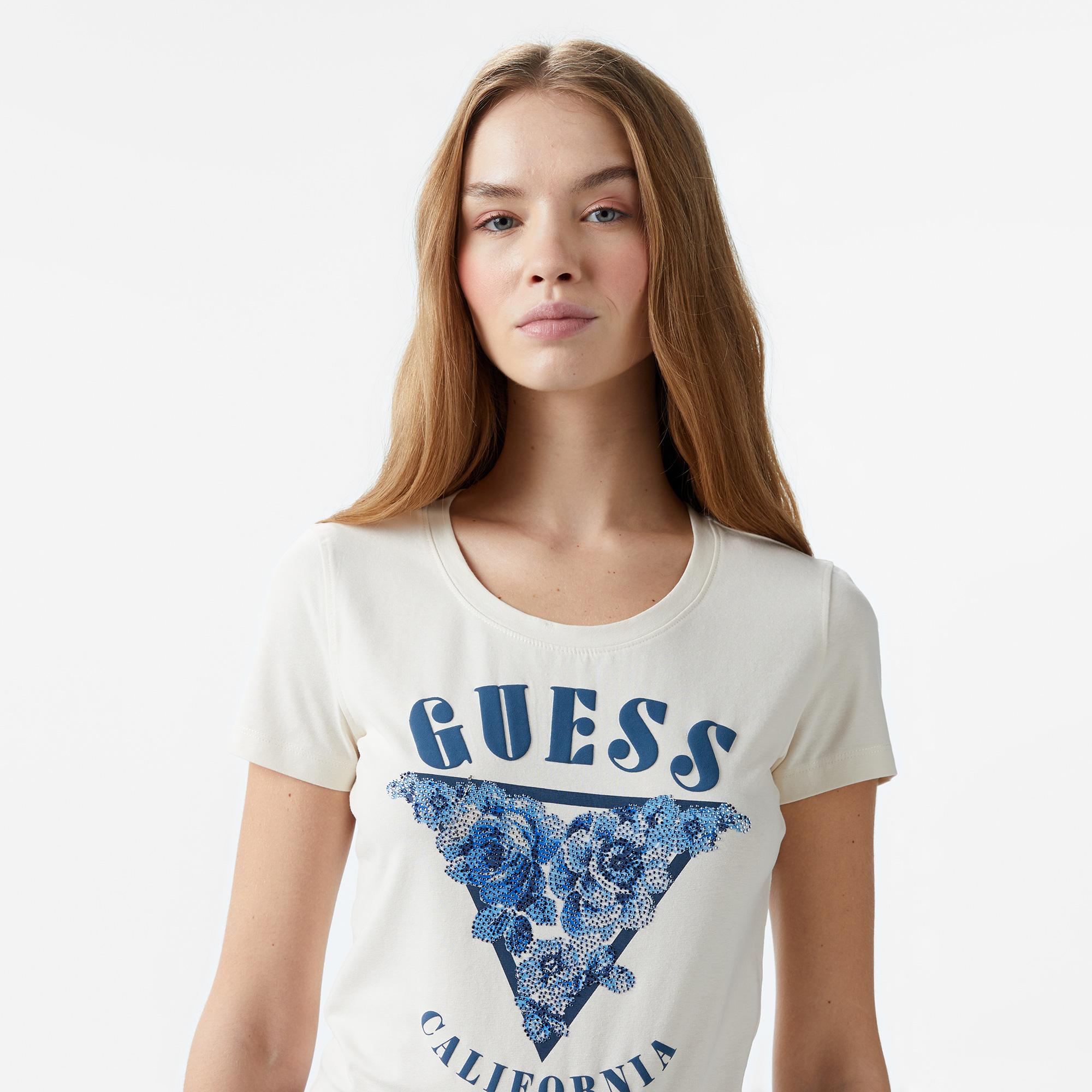 Guess Res Triangle Mid Organic Stretch Jersey 180 Kadın Beyaz T-Shirt