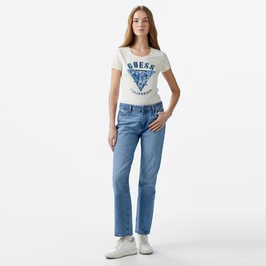  Guess Res Triangle Mid Organic Stretch Jersey 180 Kadın Beyaz T-Shirt