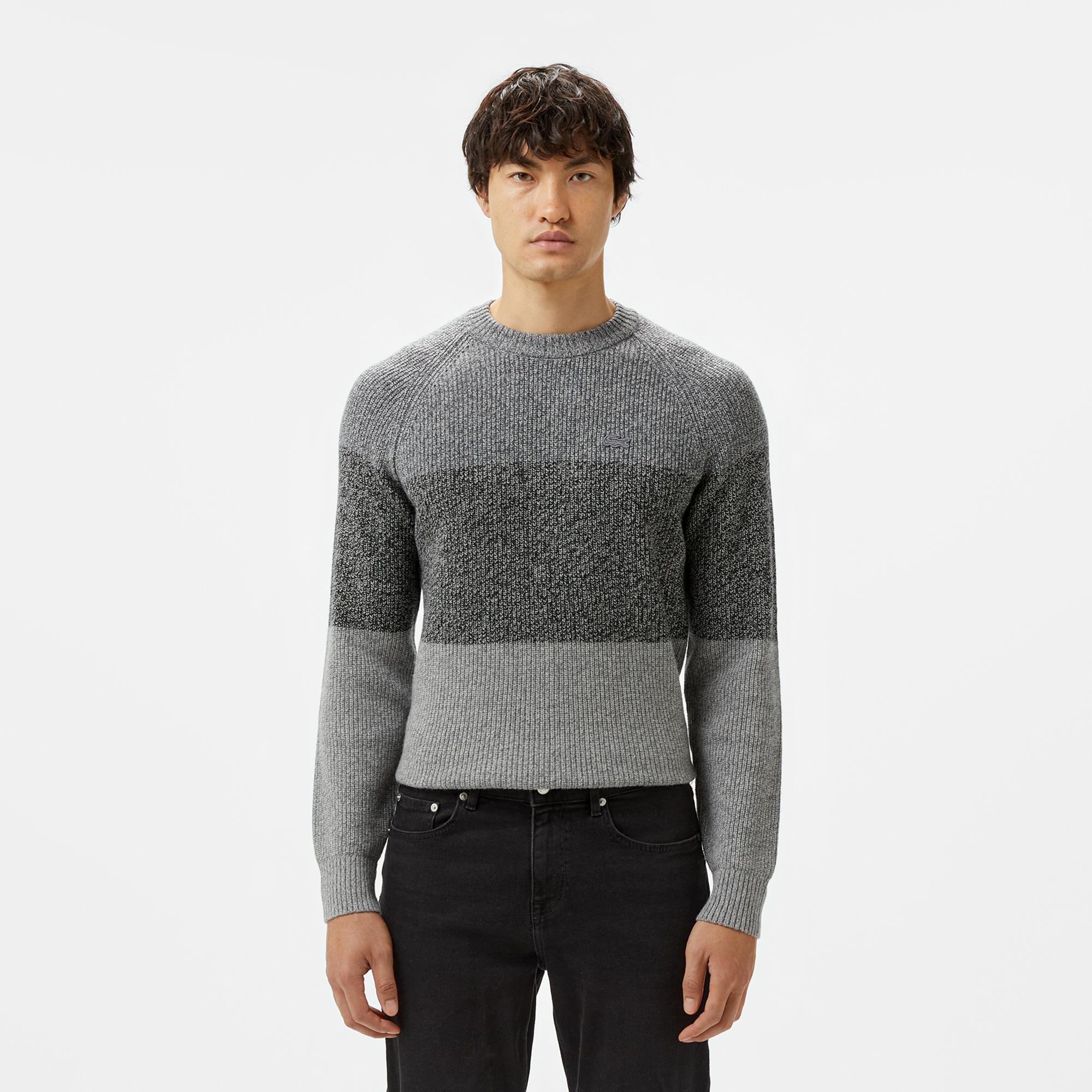 Erkek Relaxed Fit Bisiklet Yaka Renk Bloklu Gri Kazak