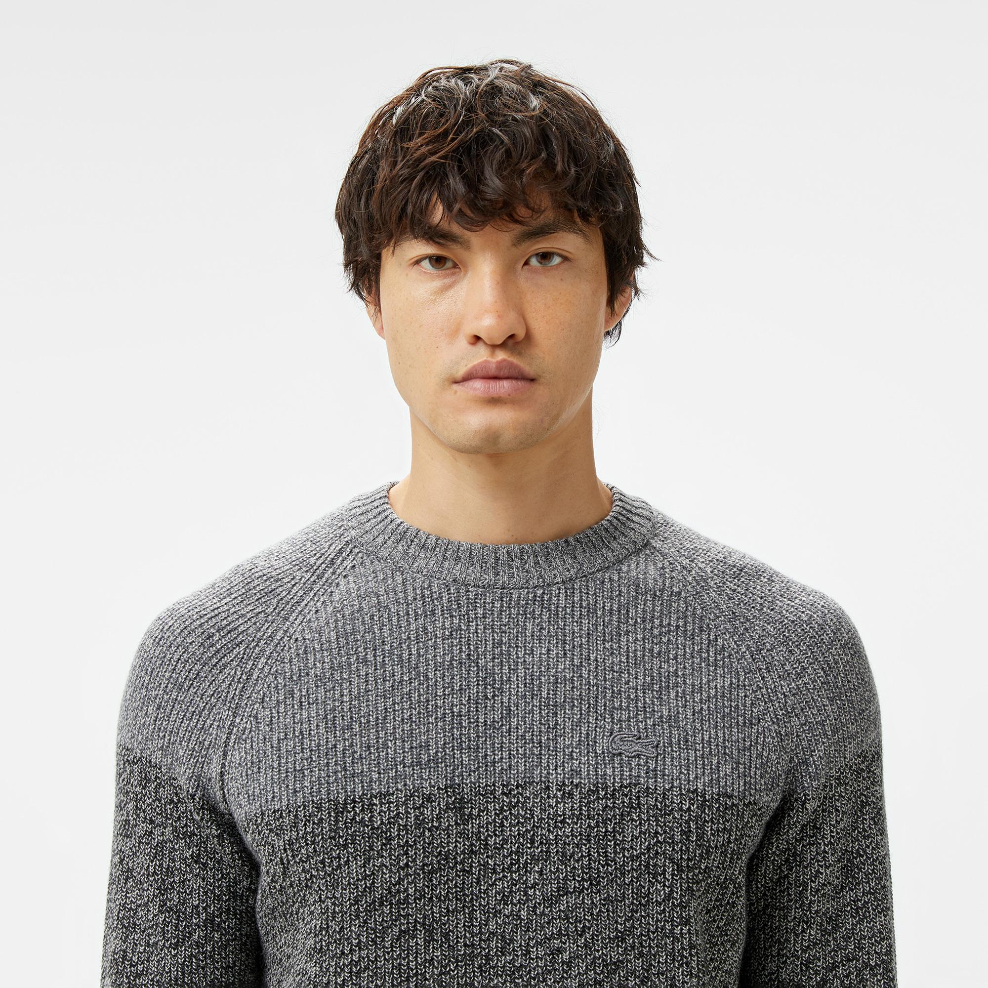 Erkek Relaxed Fit Bisiklet Yaka Renk Bloklu Gri Kazak