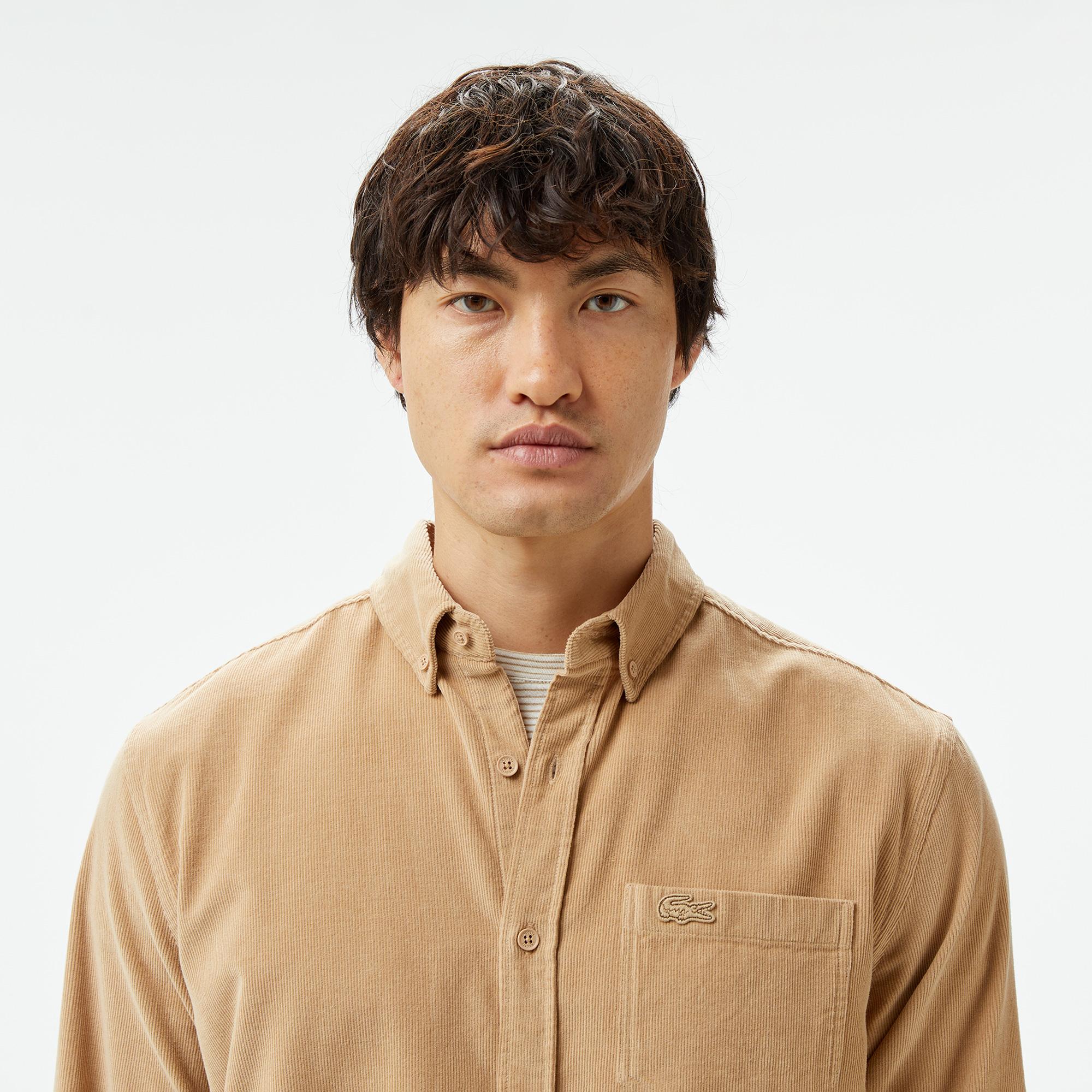 Erkek Regular Fit Düğmeli Yaka Bej Gömlek