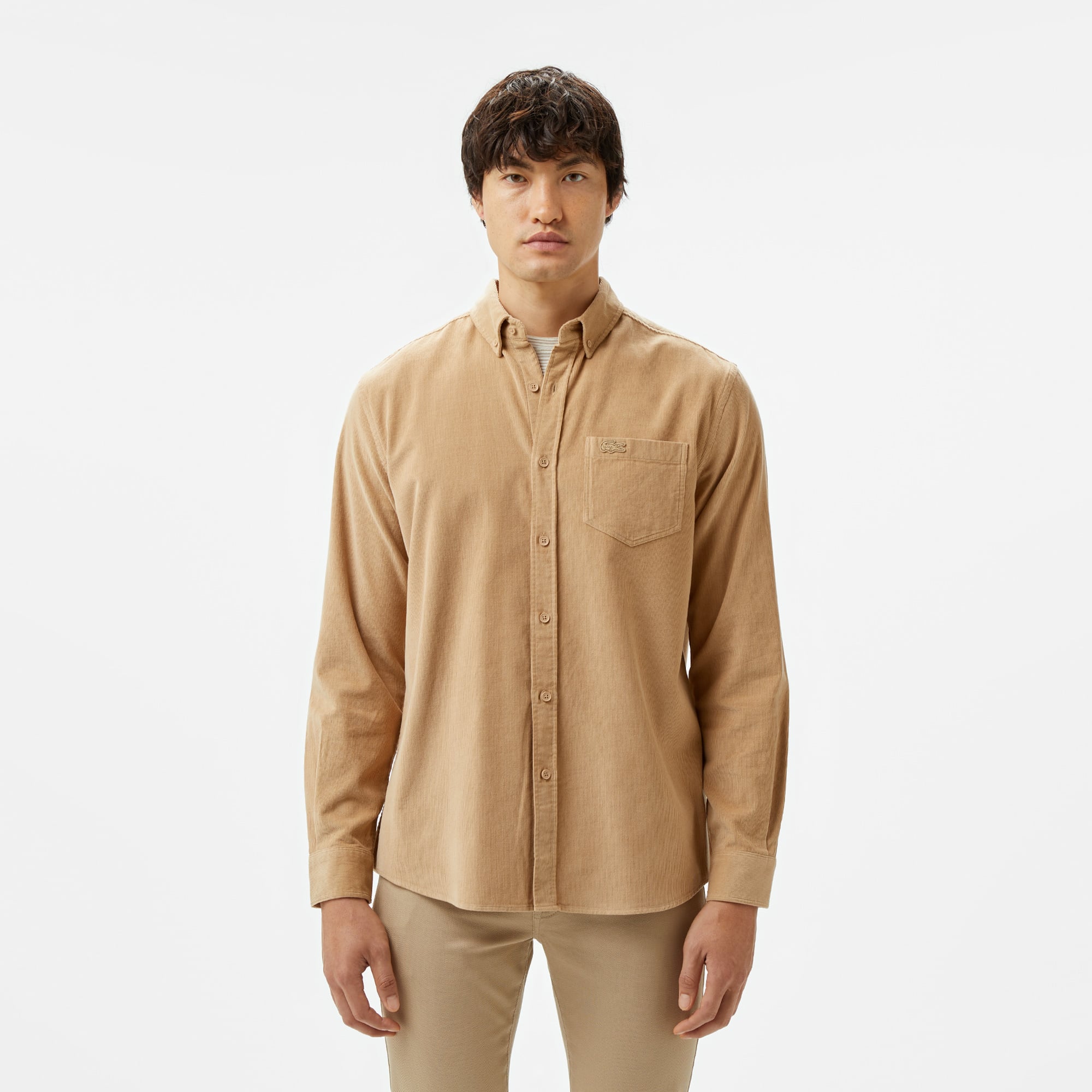  Erkek Regular Fit Düğmeli Yaka Bej Gömlek