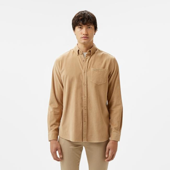  Erkek Regular Fit Düğmeli Yaka Bej Gömlek