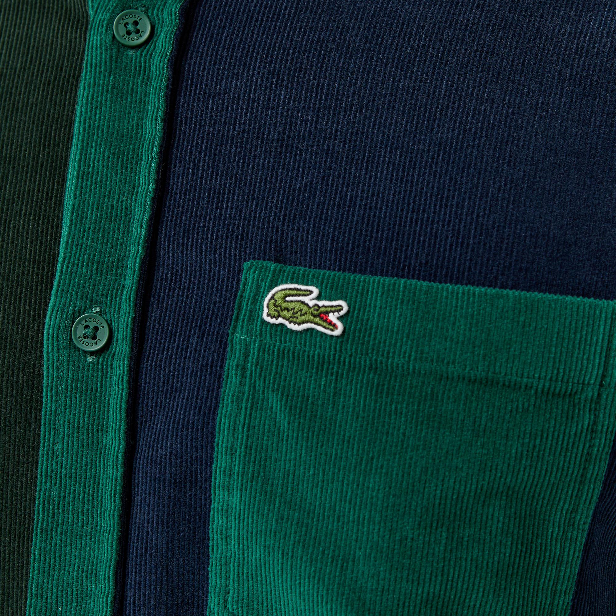 Erkek Regular Fit Düğmeli Yaka Renk Bloklu Koyu Yeşil Gömlek