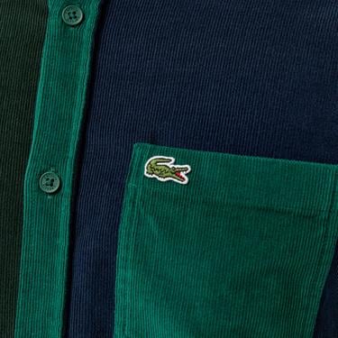  Erkek Regular Fit Düğmeli Yaka Renk Bloklu Koyu Yeşil Gömlek