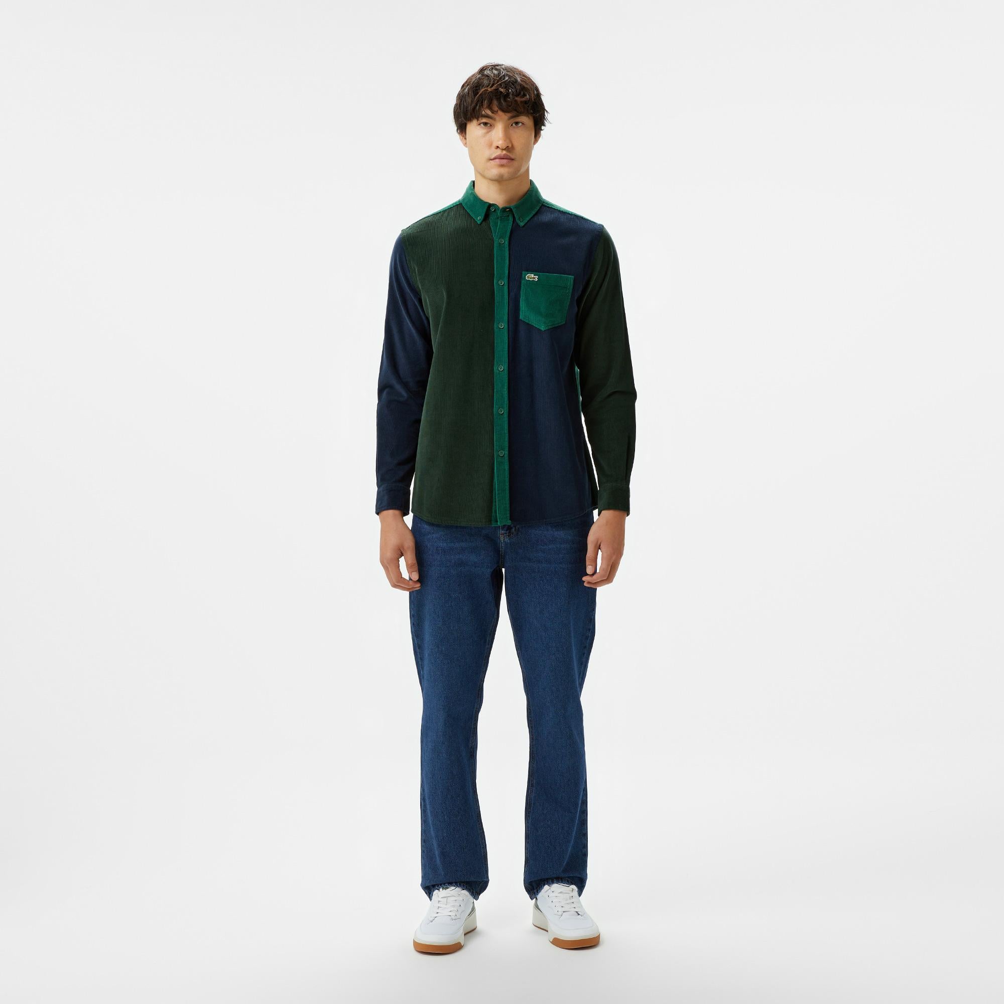 Erkek Regular Fit Düğmeli Yaka Renk Bloklu Koyu Yeşil Gömlek