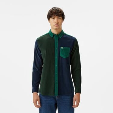  Erkek Regular Fit Düğmeli Yaka Renk Bloklu Koyu Yeşil Gömlek