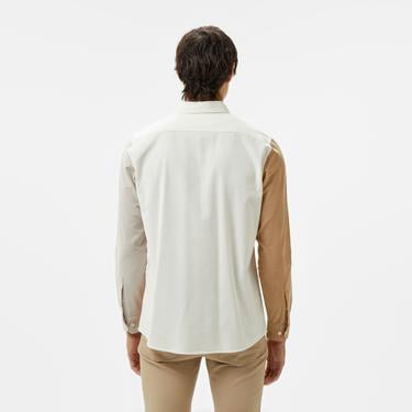  Erkek Regular Fit Düğmeli Yaka Renk Bloklu Bej Gömlek