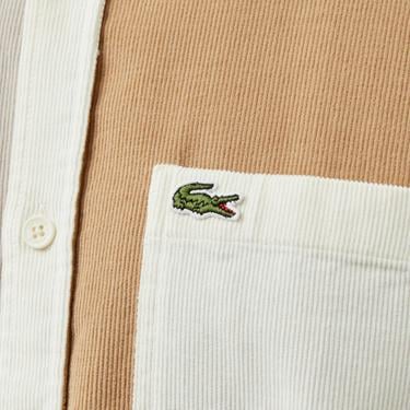  Erkek Regular Fit Düğmeli Yaka Renk Bloklu Bej Gömlek