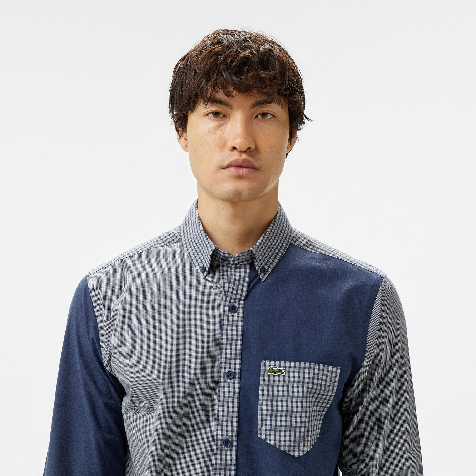 Erkek Relaxed Fit Düğmeli Yaka Ekose Lacivert Gömlek
