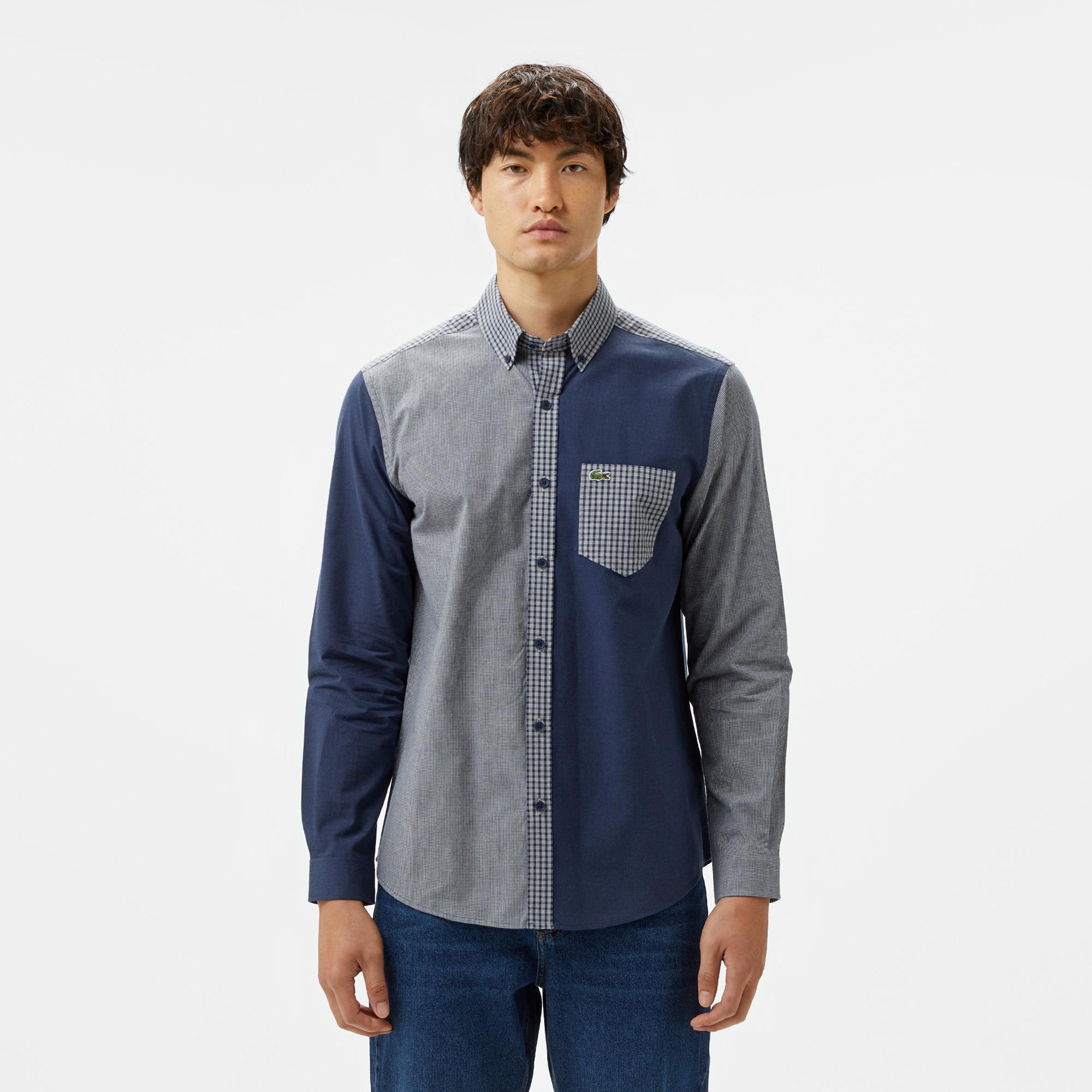 Erkek Relaxed Fit Düğmeli Yaka Ekose Lacivert Gömlek
