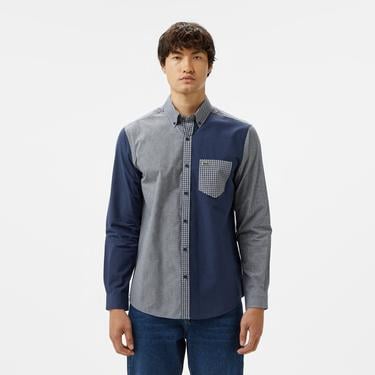  Erkek Relaxed Fit Düğmeli Yaka Ekose Lacivert Gömlek