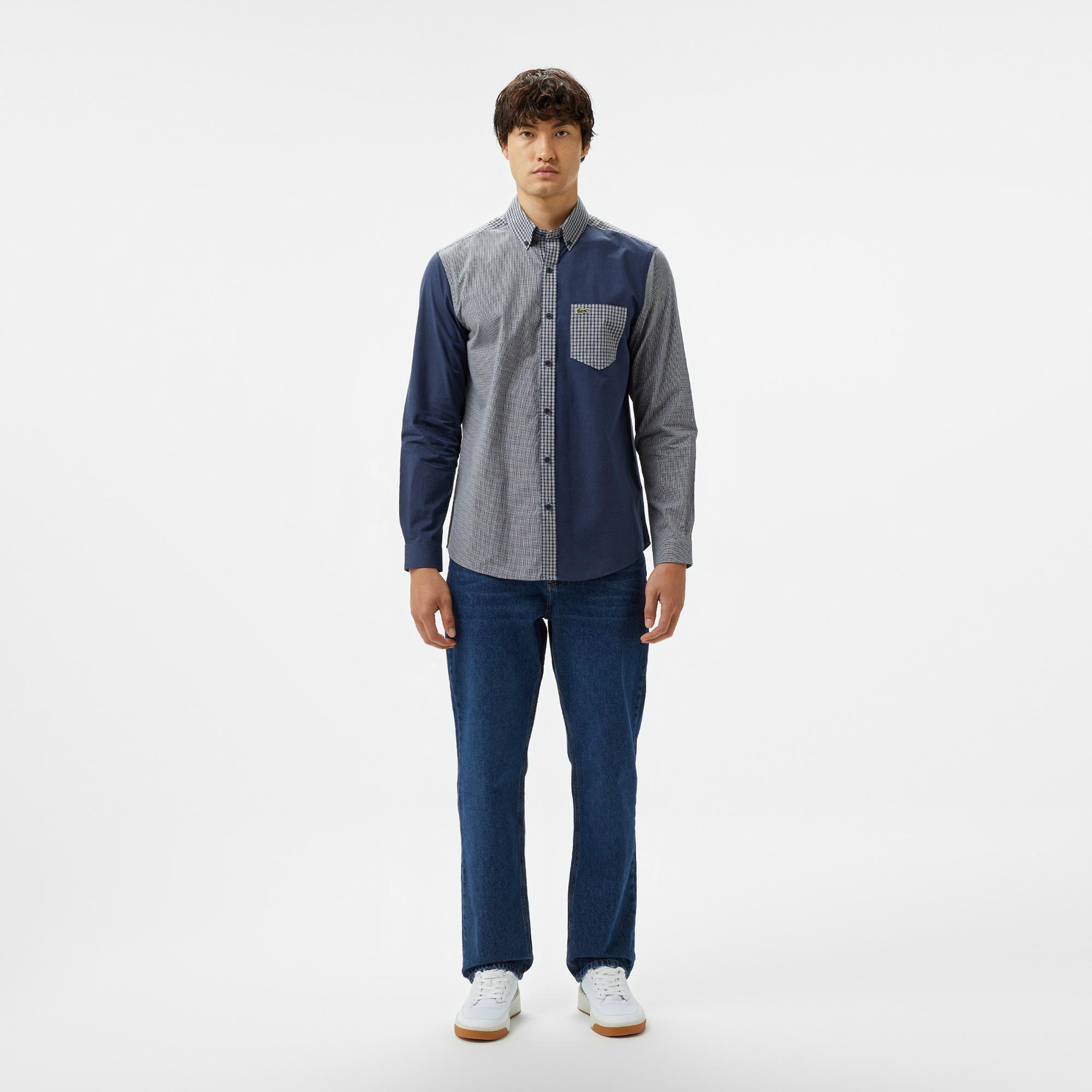 Erkek Relaxed Fit Düğmeli Yaka Ekose Lacivert Gömlek