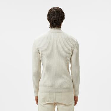  Erkek Relaxed Fit Yarım Fermuarlı Çizgili Krem Triko