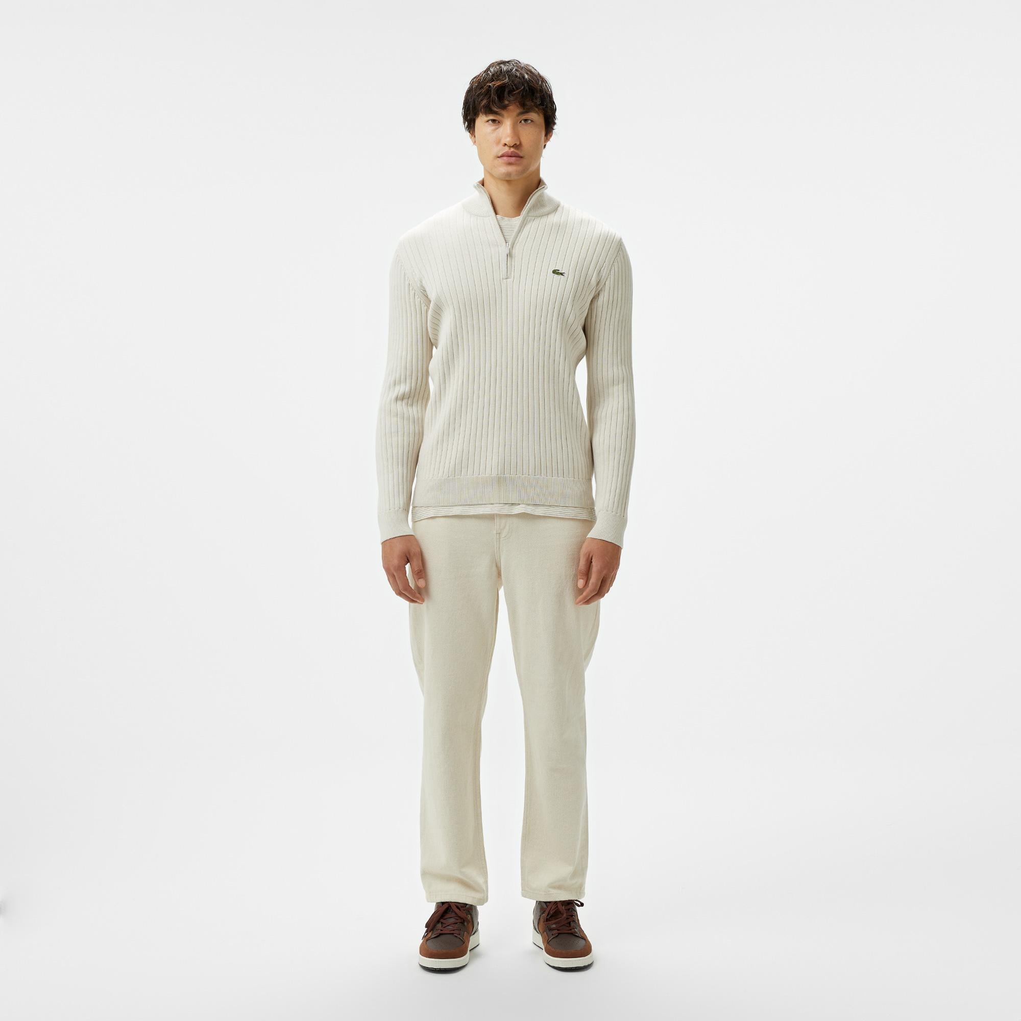 Erkek Relaxed Fit Yarım Fermuarlı Çizgili Krem Triko