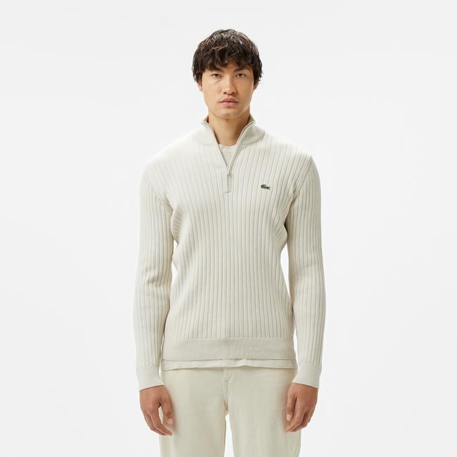  Erkek Relaxed Fit Yarım Fermuarlı Çizgili Krem Triko