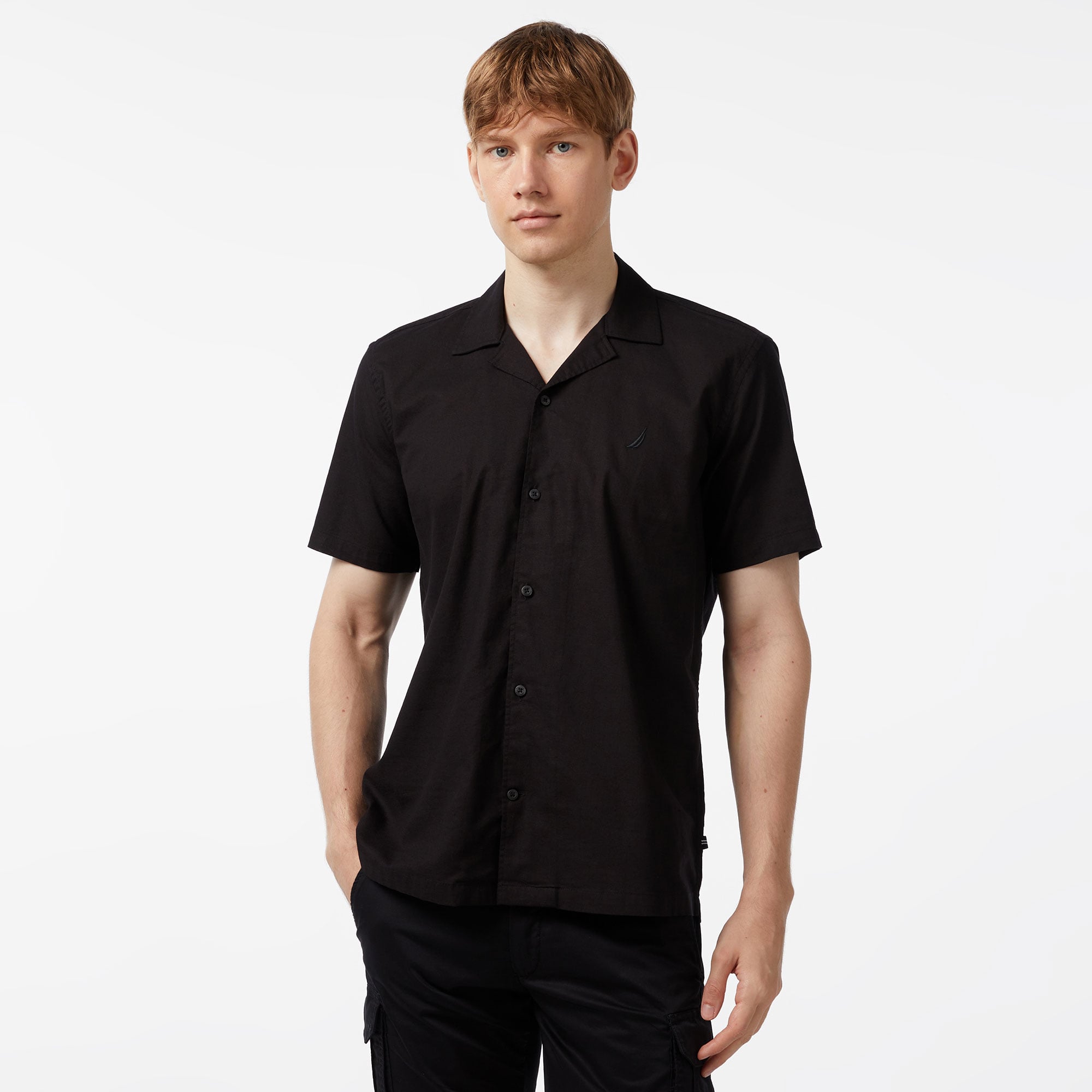  Nautica Erkek Siyah Oversize Kısa Kollu Keten Gömlek