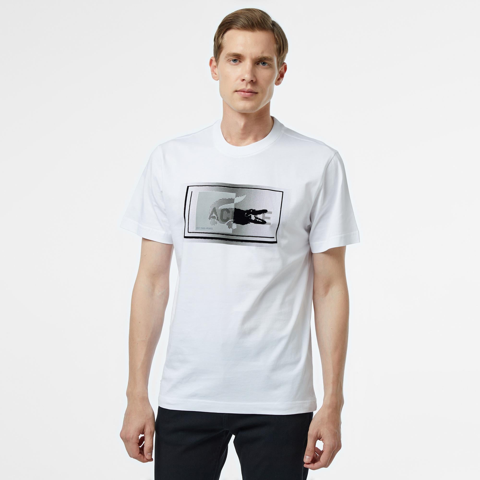 Lacoste Erkek Regular Fit Bisiklet Yaka Baskılı Beyaz T-Shirt
