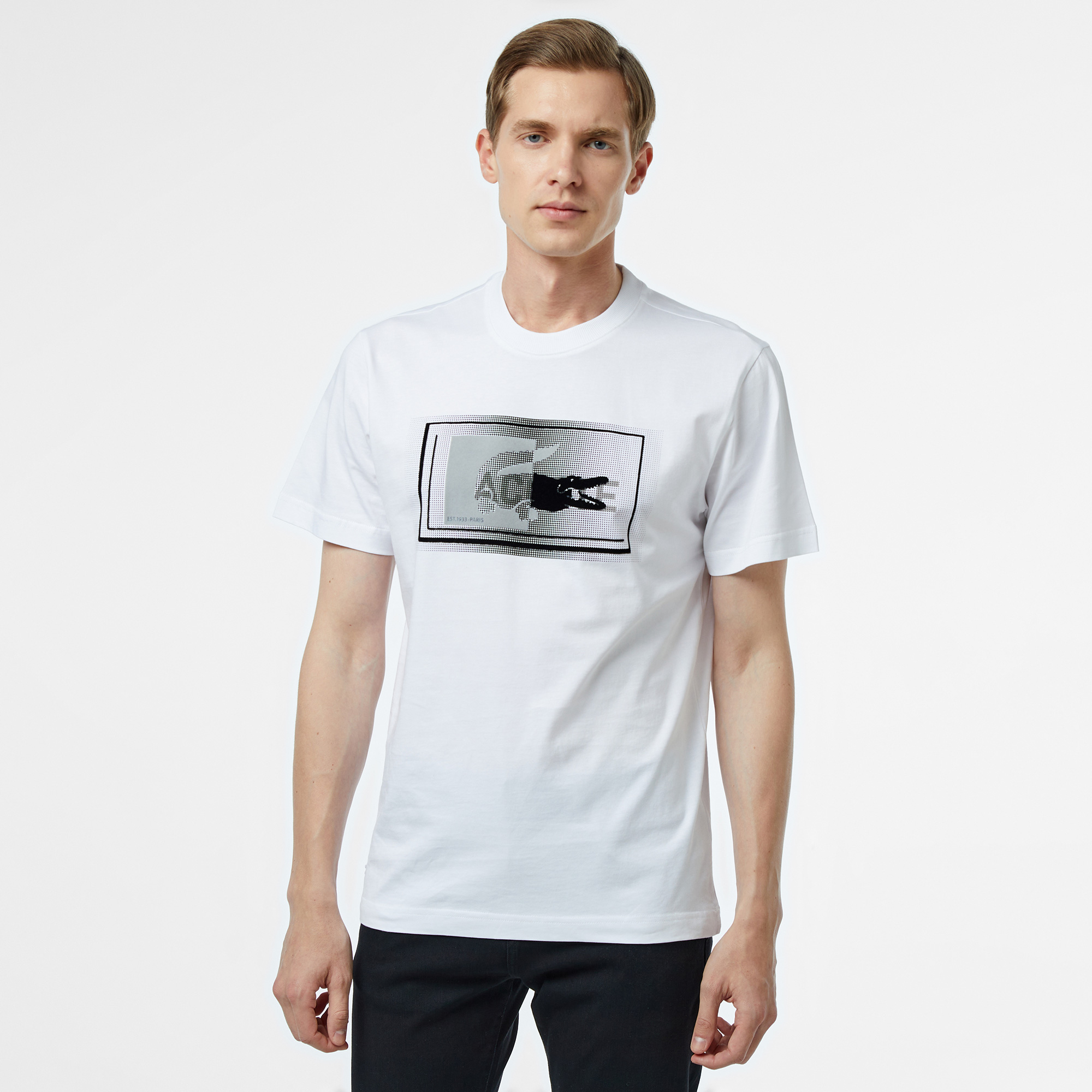  Lacoste Erkek Regular Fit Bisiklet Yaka Baskılı Beyaz T-Shirt