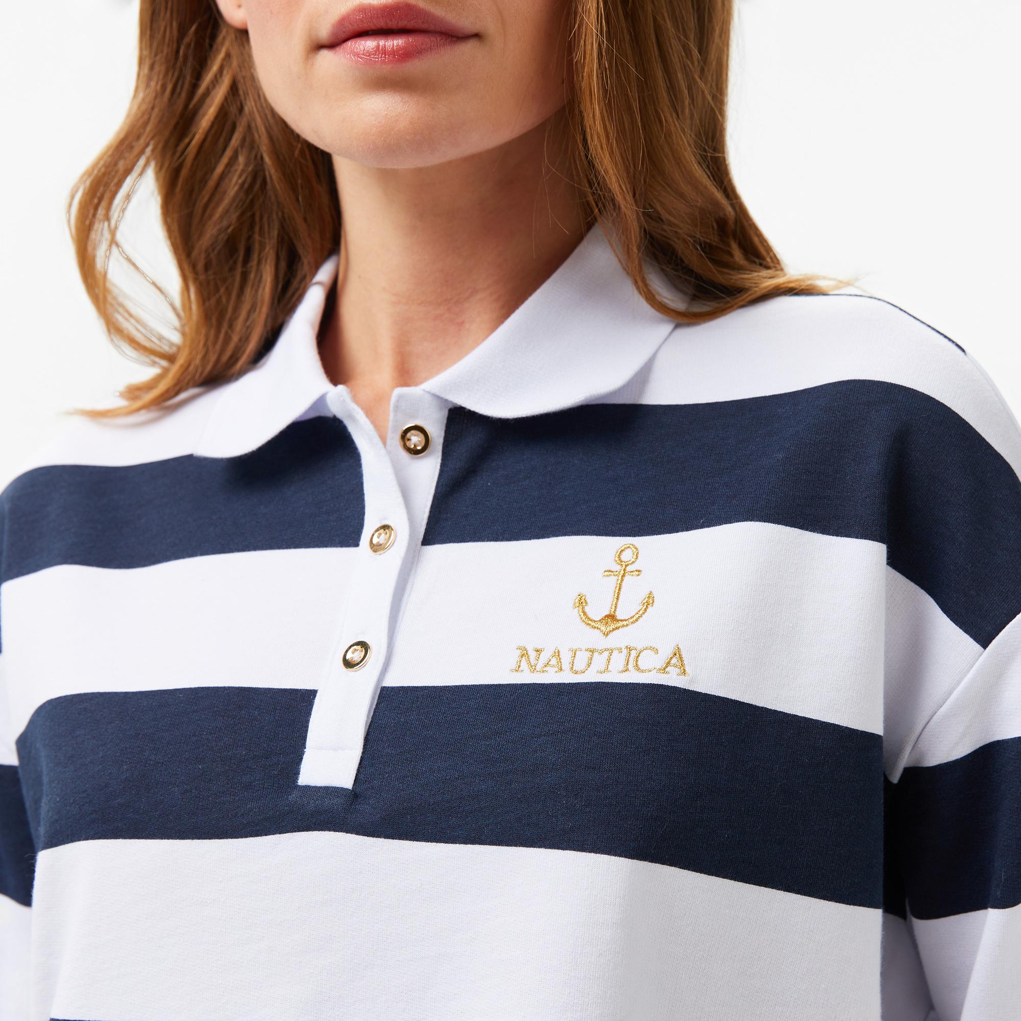 Nautica Kadın Lacivert Çizgili Uzun Kollu Polo