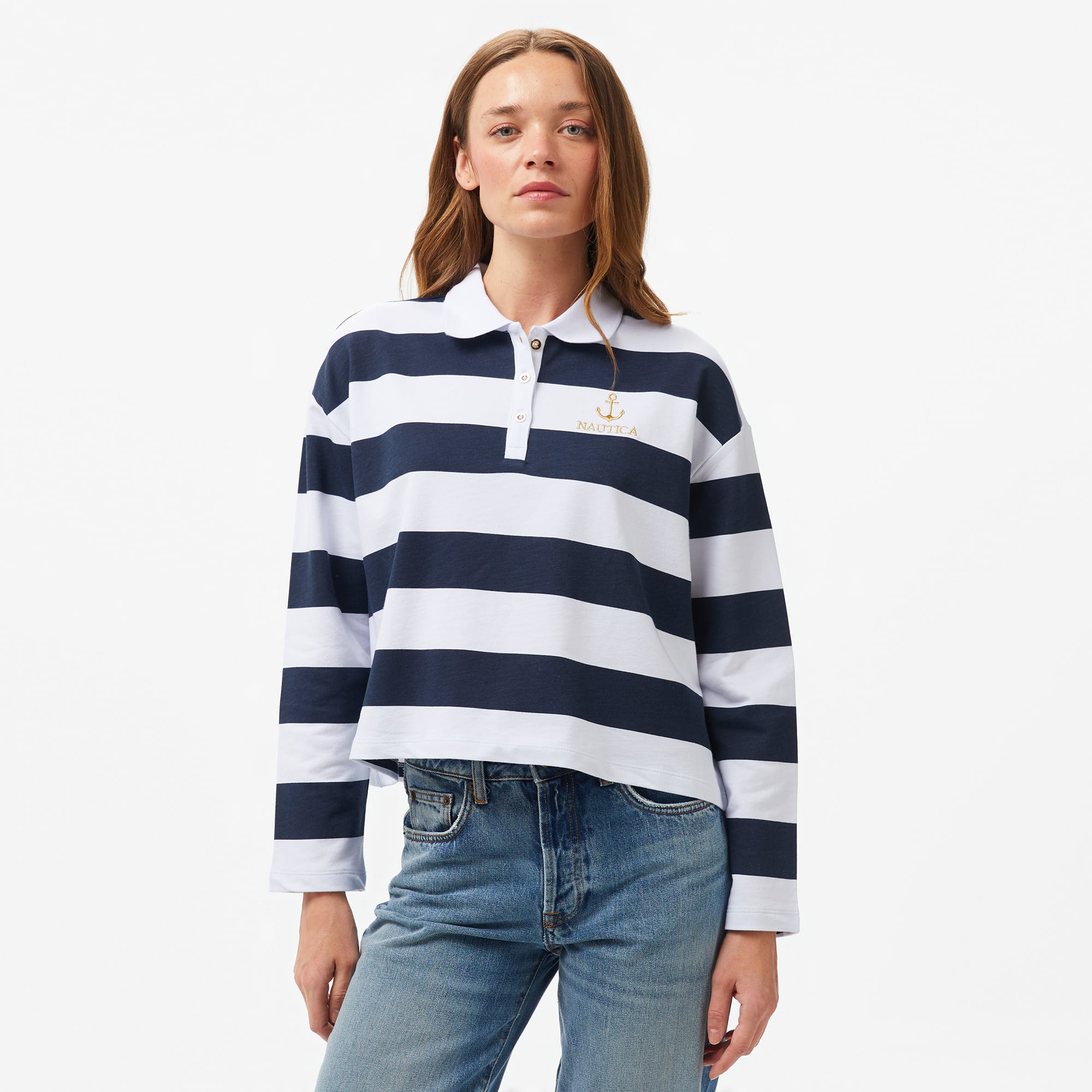  Nautica Kadın Lacivert Çizgili Uzun Kollu Polo
