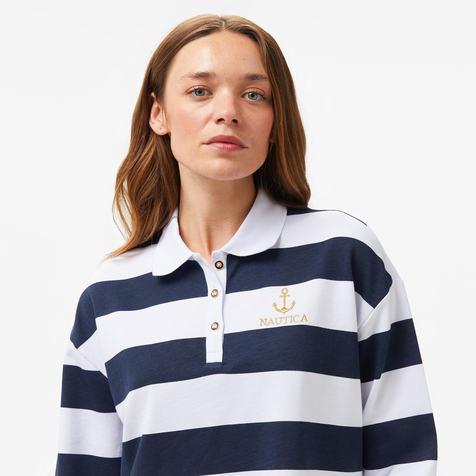 Nautica Kadın Lacivert Çizgili Uzun Kollu Polo