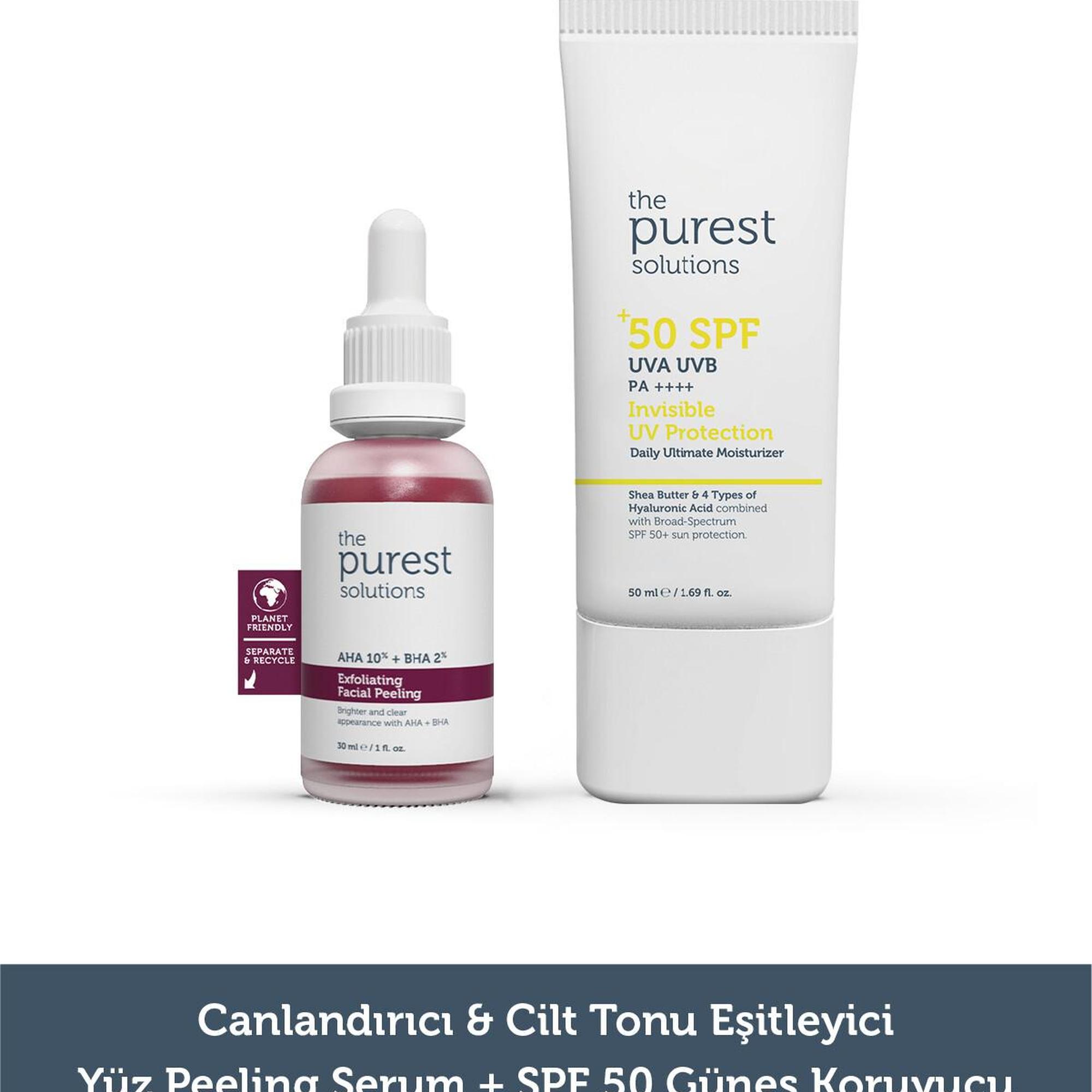 The Purest Solutions Canlandırıcı & Cilt Tonu Eşitleyici Yüz Peeling Serum + SPF+50 Güneş Koruyucu