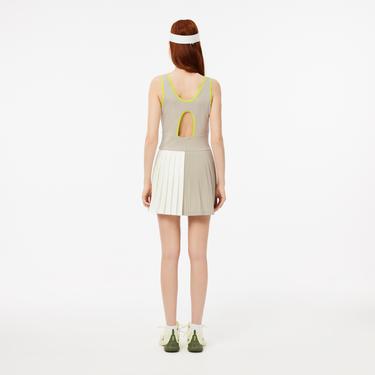  Kadın Flare Fit Kolsuz Bisiklet Yaka Renk Bloklu Bej Elbise