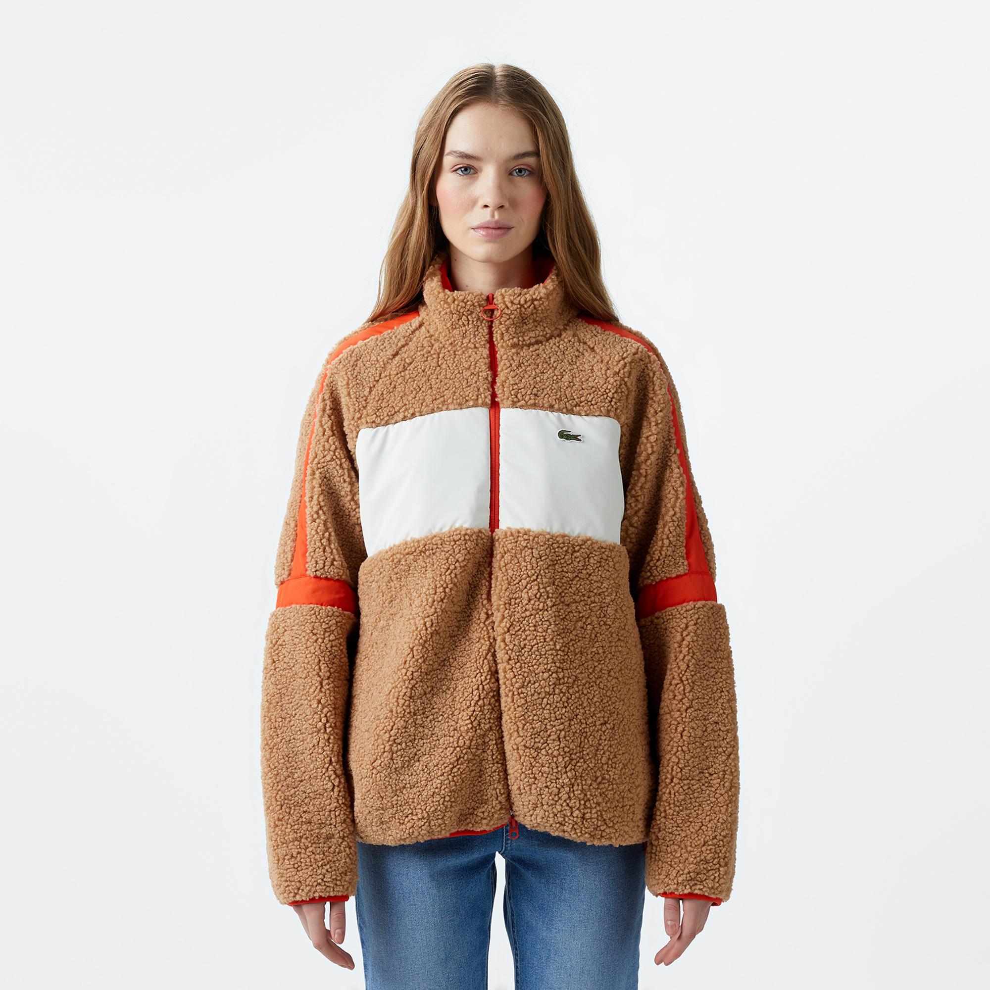 Kadın Dik Yaka Renk Bloklu Kahverengi Mont