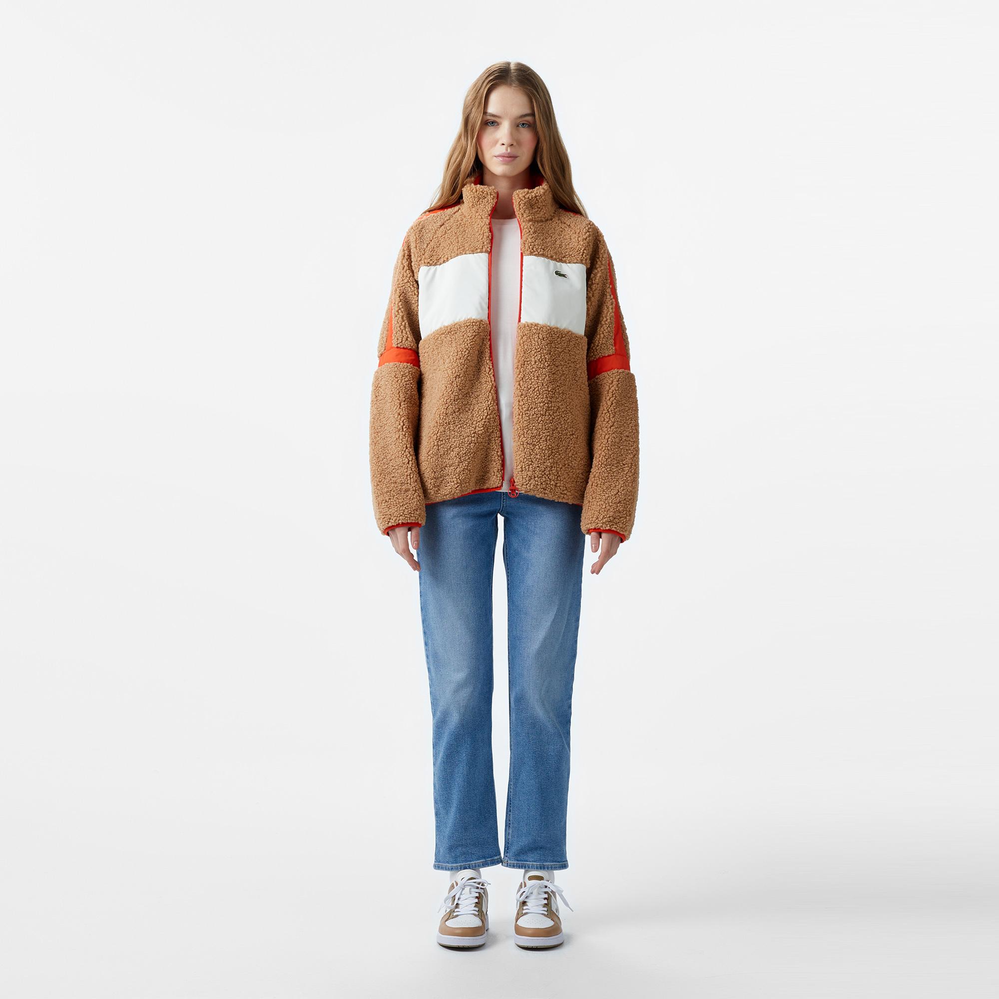 Kadın Dik Yaka Renk Bloklu Kahverengi Mont