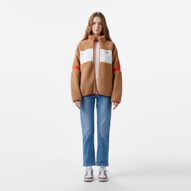  Kadın Dik Yaka Renk Bloklu Kahverengi Mont