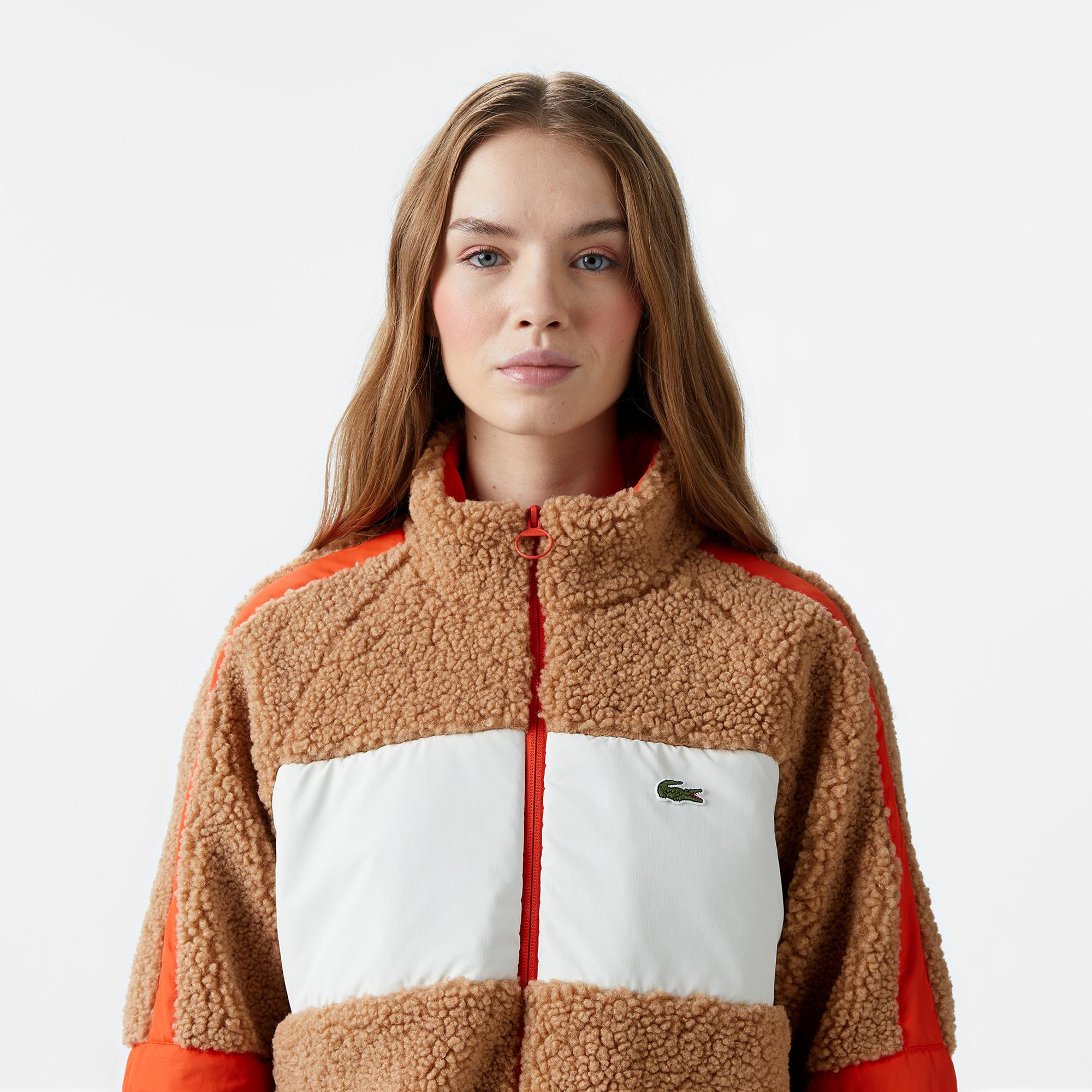 Kadın Dik Yaka Renk Bloklu Kahverengi Mont