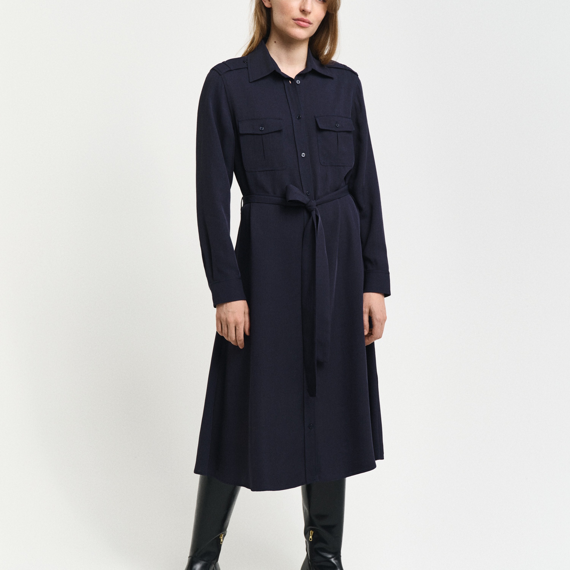 GANT Kadın Lacivert Regular Fit Düğmeli Yaka Elbise