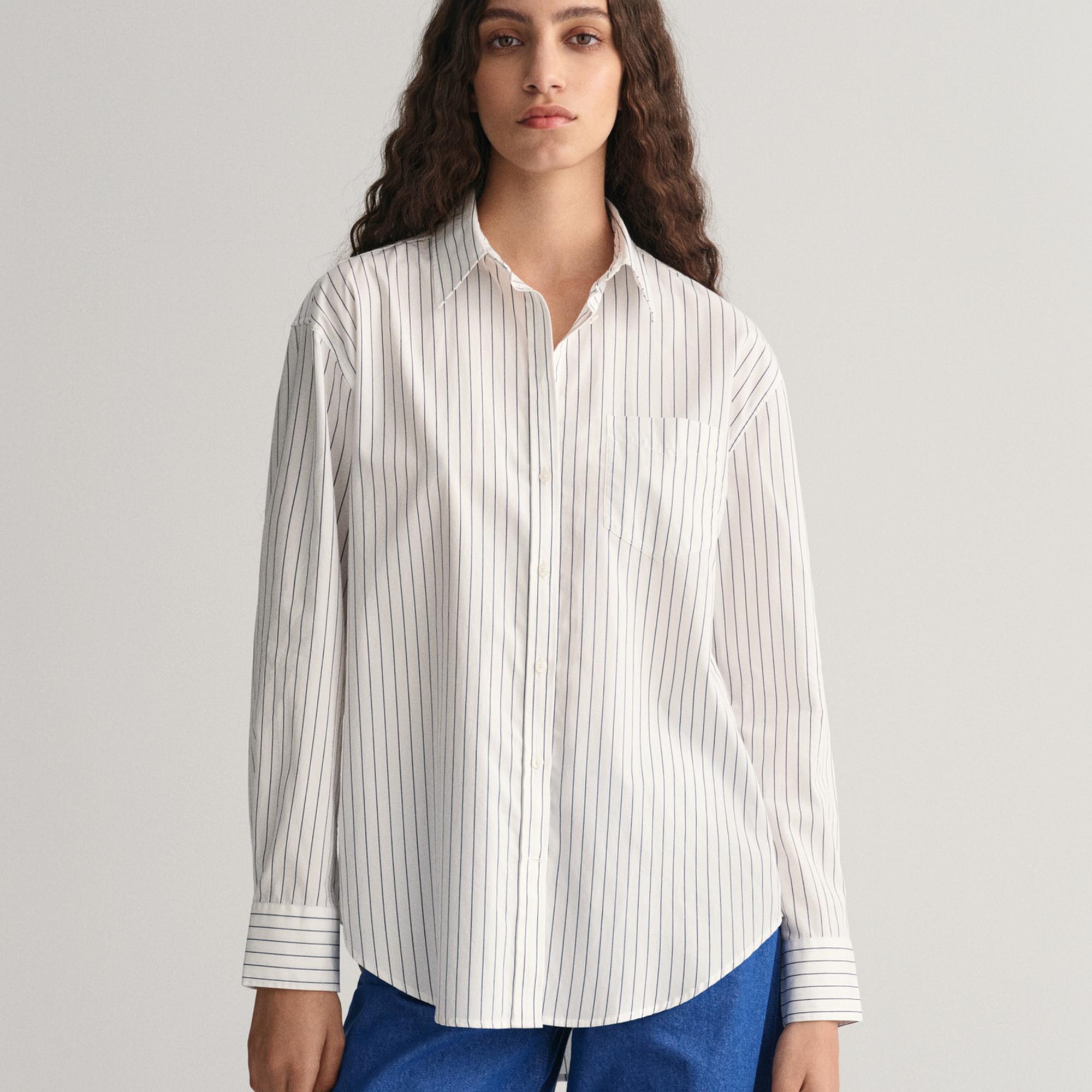 GANT Kadın Beyaz Relaxed Fit Çizgili Gömlek