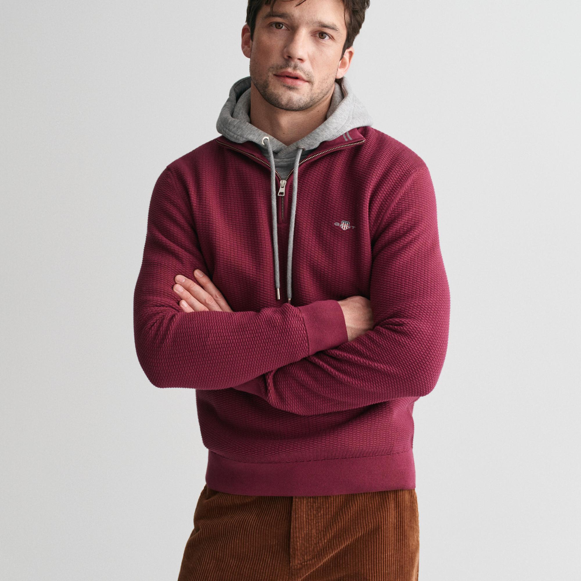GANT Erkek Bordo Regular Fit Yarım Fermuarlı Kazak