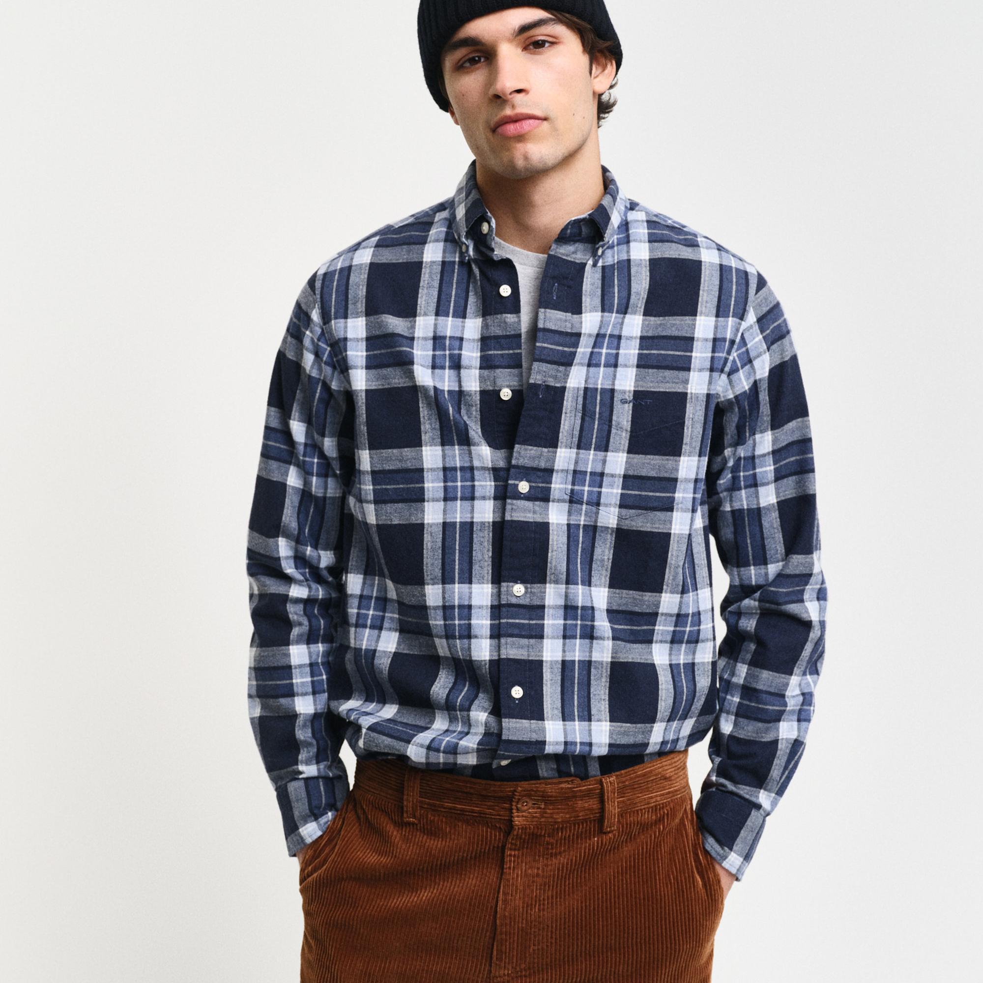 GANT Erkek Lacivert Regular Fit Düğmeli Yaka Kareli Gömlek