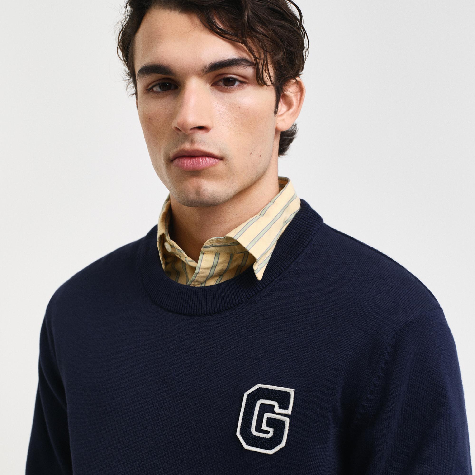 GANT Erkek Lacivert Relaxed Fit Bisiklet Yaka Logolu Kazak